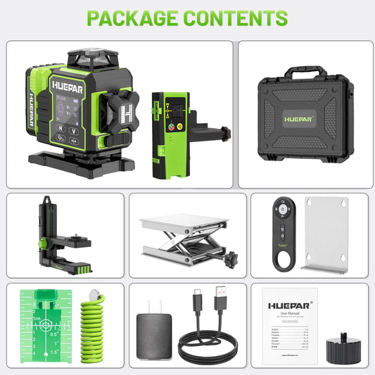 Huepar W04CG Laser Level Set Professional 16 Lines Bluetooth Lazer Leveller 4D Cross Line With Electric Rotating Base & Detector