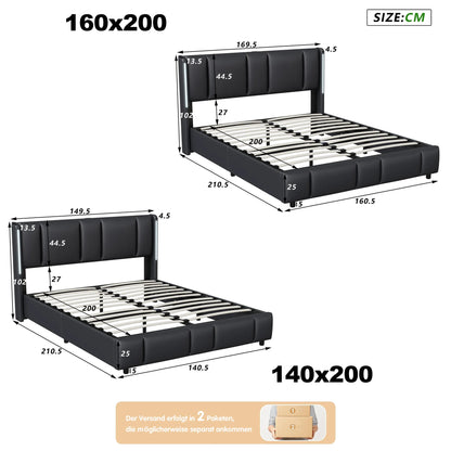 Linnen Bed – Tweepersoonsbed – Opbergbed – Bedframe Met Laden – Bed Met Hoofdbord – 140x200 cm – Met 4 Lade Opbergruimte – USB Oplaadpoorten