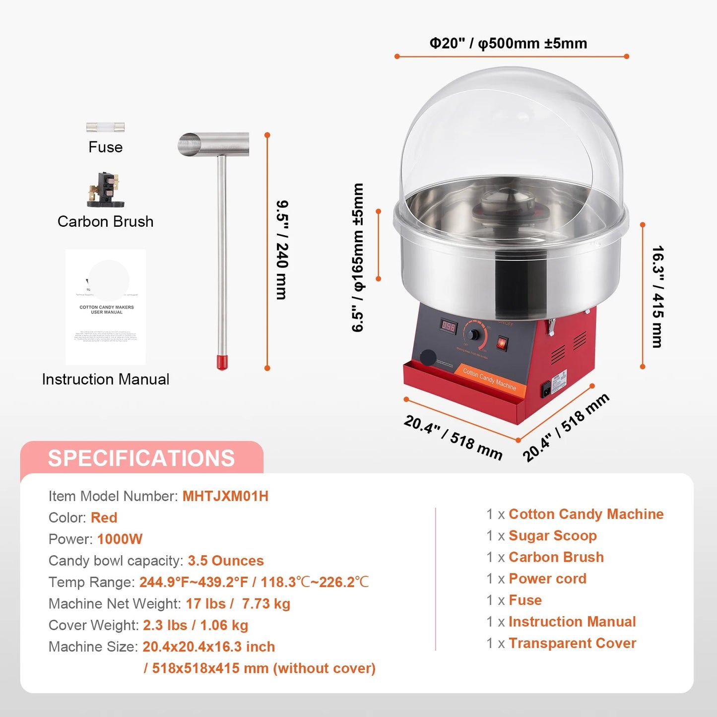 Suikerspinmachine Elektrisch - Suikerspinmachines - Mini Suikerspin - Suikerspinmaker - 1000W - RVS Kom - Instelbare Temperatuur - Suikerschep Inclusief – Voor Feest - Kermis & Evenementen - Rood met Hoes