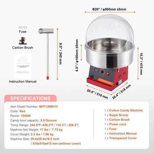 Suikerspinmachine Elektrisch - Suikerspinmachines - Mini Suikerspin - Suikerspinmaker - 1000W - RVS Kom - Instelbare Temperatuur - Suikerschep Inclusief – Voor Feest - Kermis & Evenementen - Rood met Hoes