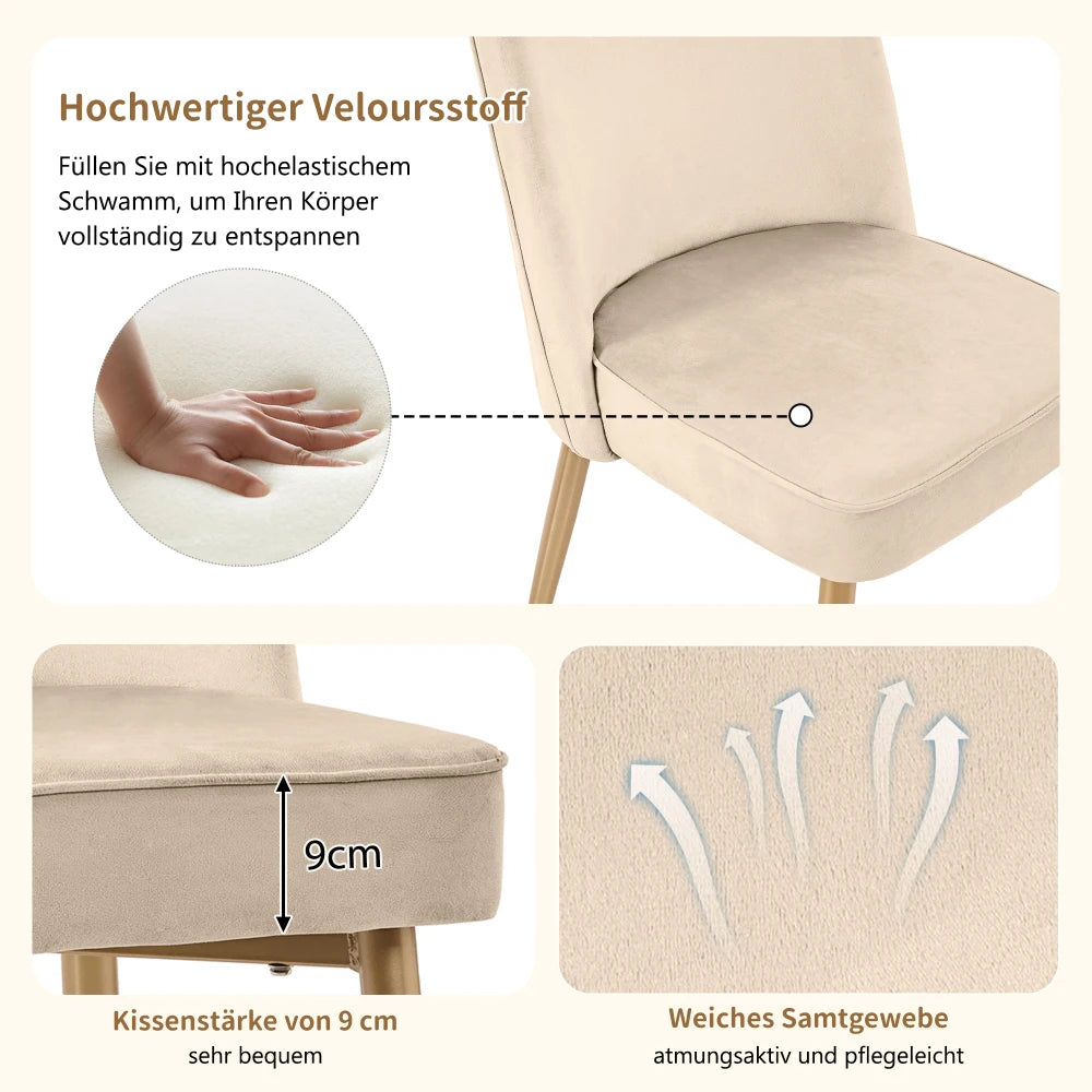 Eetkamerstoelen – Set van 6 Stoelen – Dining Stoelen – Fluwelen Stoelen – Beige Fluweel – Ergonomische Rugleuning – Gouden Metalen Poten - 45.5 x 62 x 87,5 cm