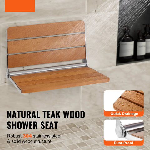 Douchekruk Inklapbaar - Opklapbare Douchestoel - Wandmontage - Opklapbare Douchebank - Ruimtebesparend - Douchestoel voor Zwangere Vrouwen - Eikenhouten Rugleuning 16in - Bruin