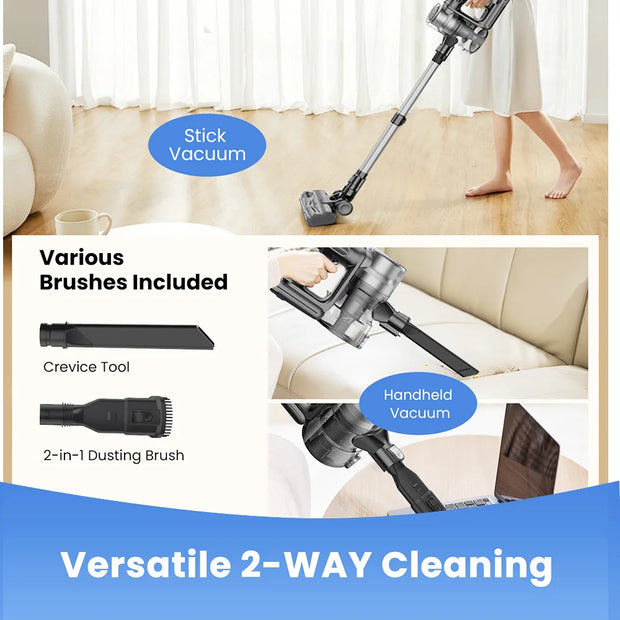 Cordless Stick Vacuum Cleaner - Stick Vacuum Cleaner - Vacuum Cleaner - Cordless Stick Vacuum Cleaner - Powerful Suction - 35Kpa - Stick Vacuum Cleaner - with green light - LED display - Anti-tangle brush - Gray
