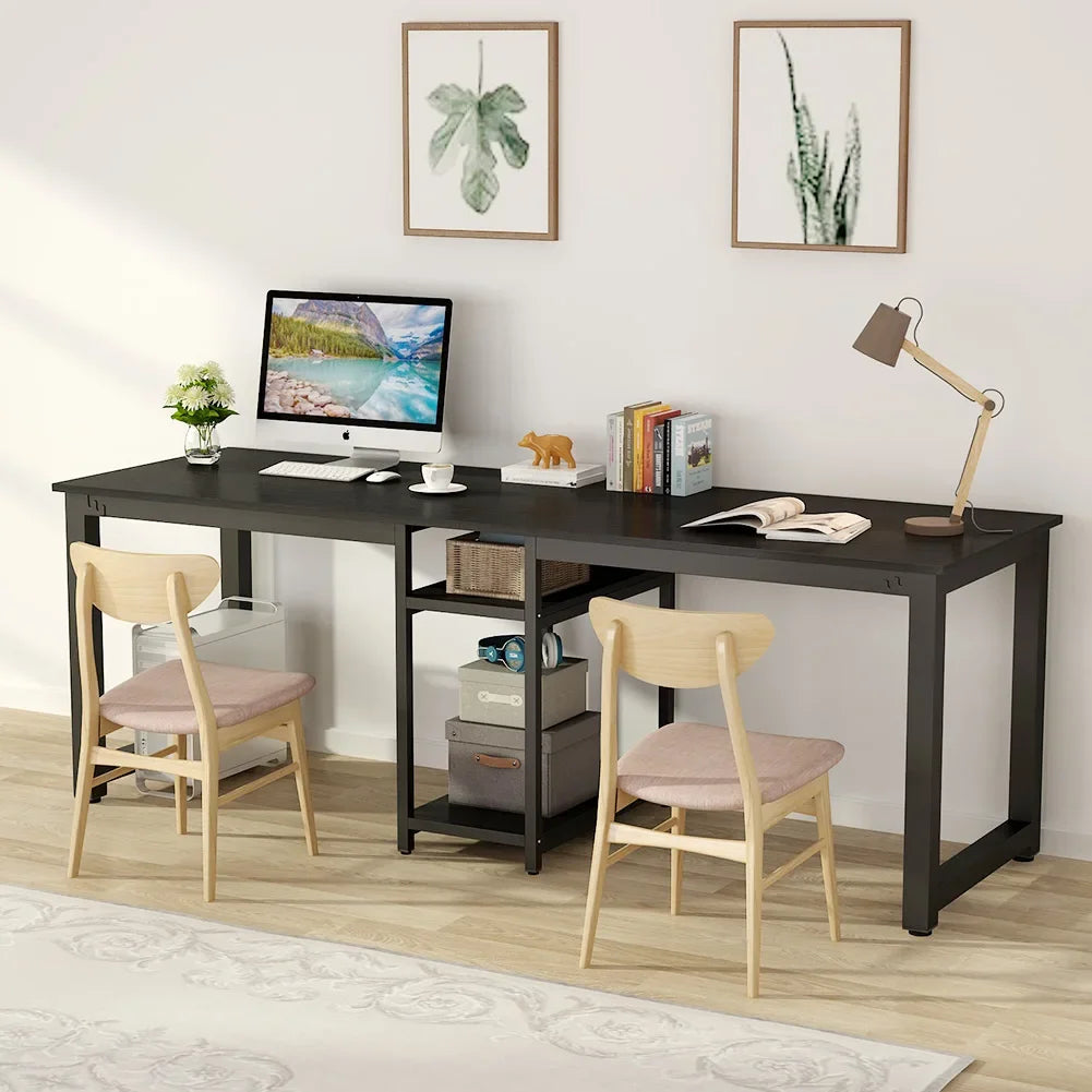 Bureau Voor Twee Personen – Dubbel Werkblad – Studiebureau – Thuiswerkplek – Extra Lang – Metalen Frame – Scratchbestendig Houten Oppervlak
