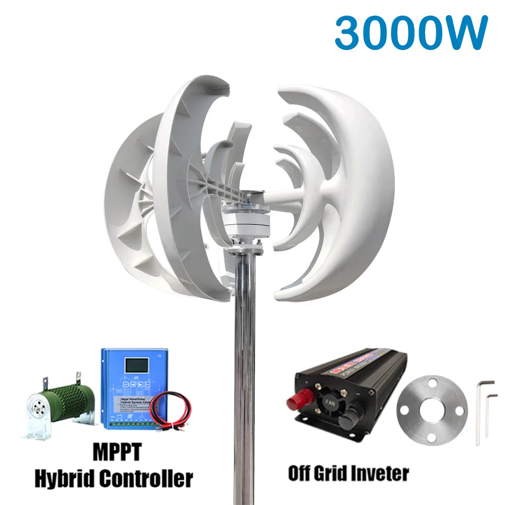 Verticale As Windturbine – Windgenerator – Windmolen – Duurzame Energie – Zonnepanelen – 24V – 3000W Vermogen – Inclusief 220V Inverter