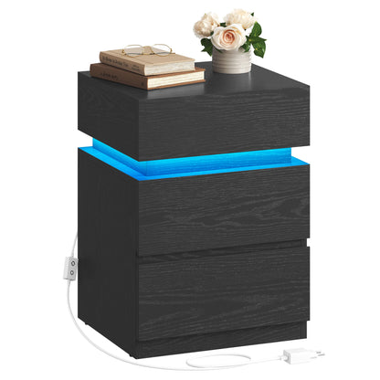 Nachtkastje - Bijzettafel - Salontafel - met LED Verlichting - Kast met 3 Lades - Moderne - Verstelbare Kleuren & Modus – voor Slaapkamer - Woonkamer - Kantoor - Zwart - QUORE