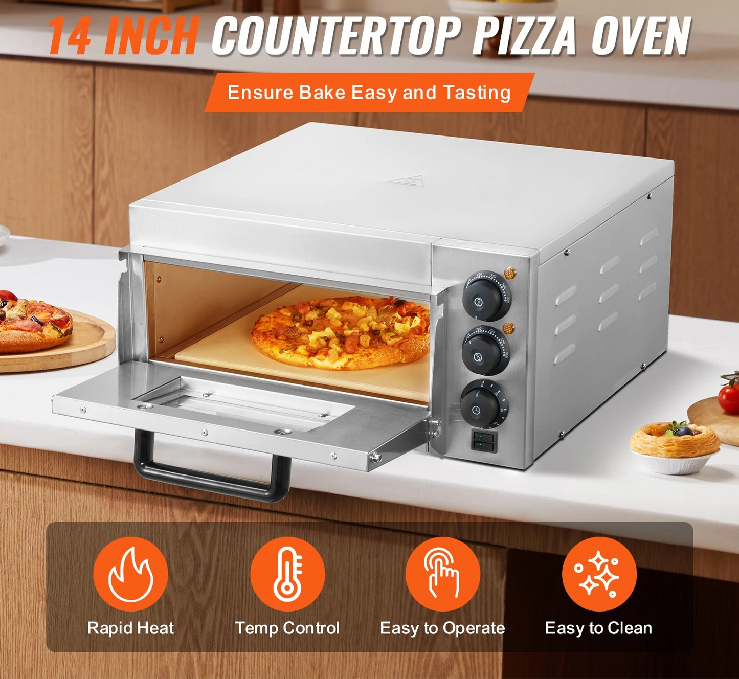 Pizzaoven - Elektrische Pizzaoven - Multifunctionele Pizzamaker - Enkeldekslaag - met Steen - Handvat - 14inch - 51.7 x 47 x 26.6 cm - Zilver