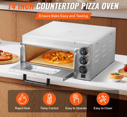 Pizzaoven - Elektrische Pizzaoven - Multifunctionele Pizzamaker - Enkeldekslaag - met Steen - Handvat - 14inch - 51.7 x 47 x 26.6 cm - Zilver
