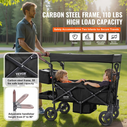 VEVOR Wagon Stroller for 2 Kids Push Pull Quad Collapsible Stroller with Adjustable Handle Encircling Harness Removable Canopy