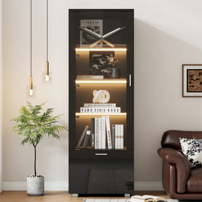 Vitrinekast - Met glazen deur - Zwart Hoogglans - LED Verlichting - 3 Planken