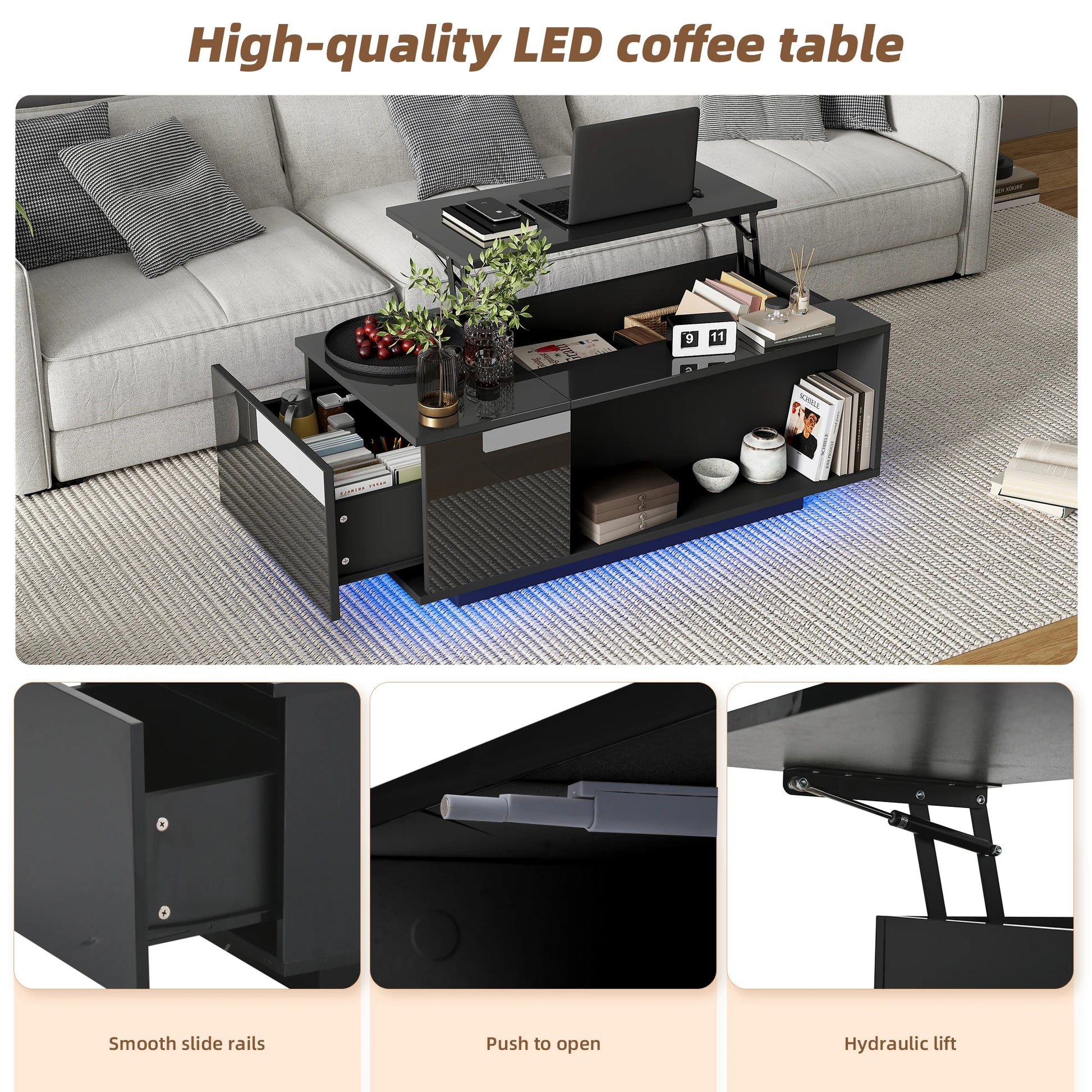 Salontafel – Koffietafel – Bijzettafel – Woonkamertafel – Tafel – Verstelbaar Hoogte – Met Verstelbare LED-verlichting en Opbergruimte – 100x50x40 cm - QUORE