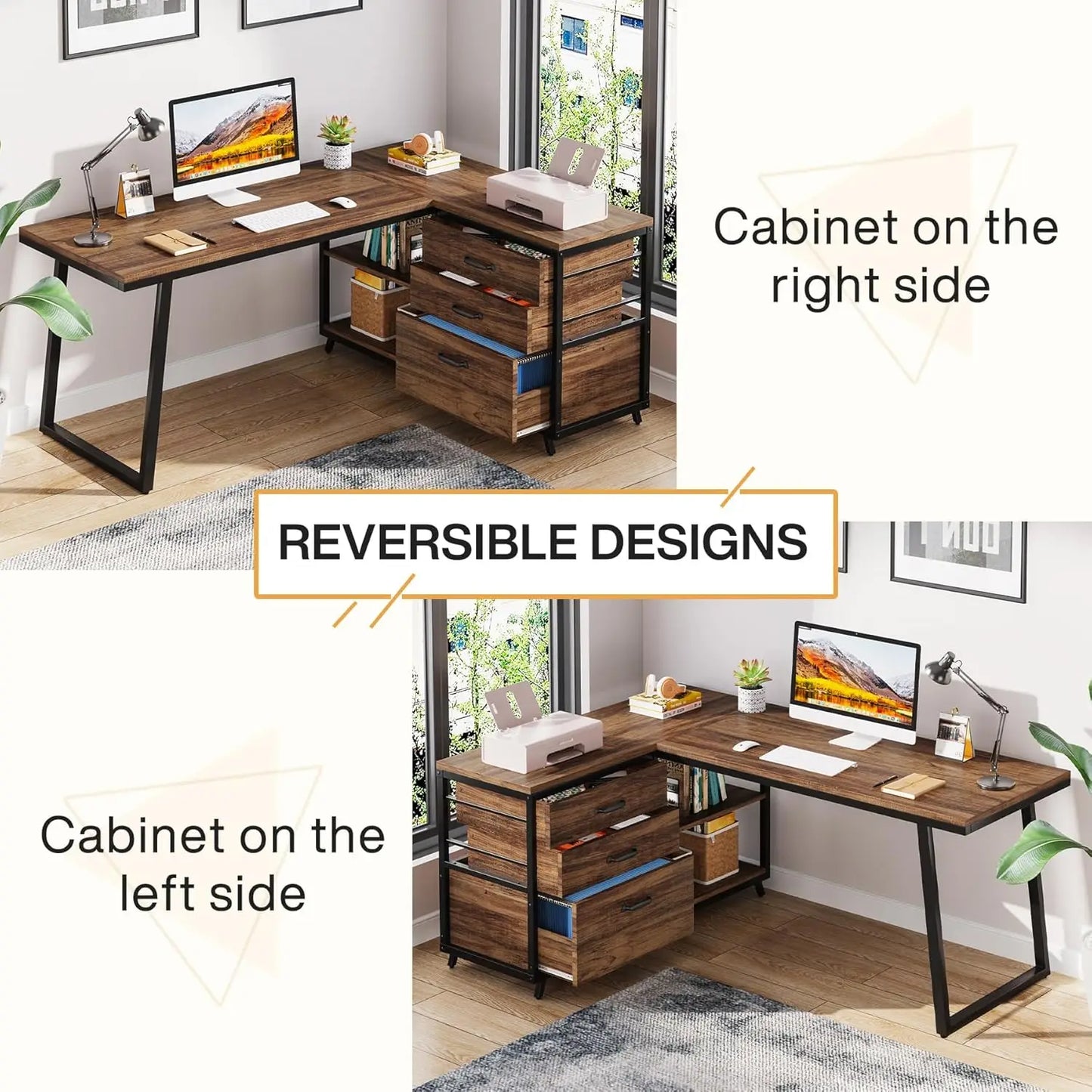 L-Vormig Bureau – Hoekbureau – Werkplek Bureau – Computertafel – Opbergbureau – Stevig Metaal Frame – Verstelbare Pootjes - Bruin 02