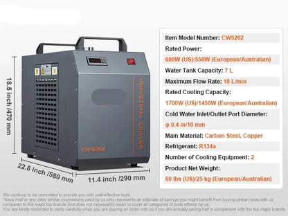 Industriële Waterkoeler - Chiller Industriële – 7L Capaciteit – Tot 180W CO₂ Laserbuizen – Compressor Koelsysteem - 600×300×500mm - voor Lasergraveermachines - Grijs