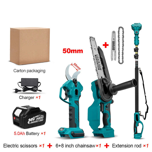 50mm Snoeischaar - Takkenschaar - Tuingereedschap - Snoeizaag - Borstelloos & Draadloos - Inclusief 6 + 8inch Kettingzaag - Takkenzaag - Handzaag - Efficiënte Elektrische Pruner voor Bomen & Bonsai – met 1x5.0Ah Batterij