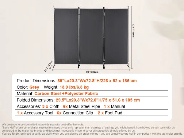 Room Divider - Partition Wall - Screen Partition - Room Divider Room Divider - 3-Panel - Adjustable Size &amp; Height Freestanding - Foldable - for Office Home - Gray