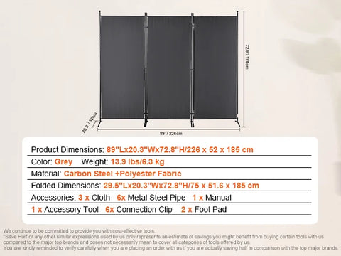 Kamerscherm - Scheidingswand - Scherm Partitie - Scheidingswand Kamerscherm - 3-paneel - Maat & Hoogte Verstelbaar Vrijstaand - Opvouwbaar - voor Kantoor Thuis - Grijs