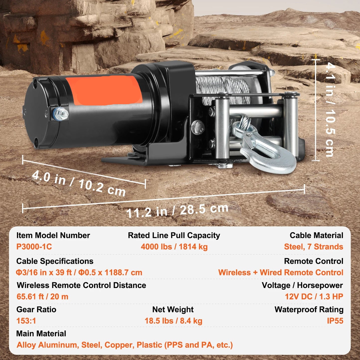 Lier - Takel - Kabeltakel - Kettingtakel - Elektrische - Waterdicht - 12V - 4000lbs - Winch met 39ft Stalen Kabel en Bedrade/Wireless Afstandsbediening - voor ATV/UTV en Truck Towing - QUORE
