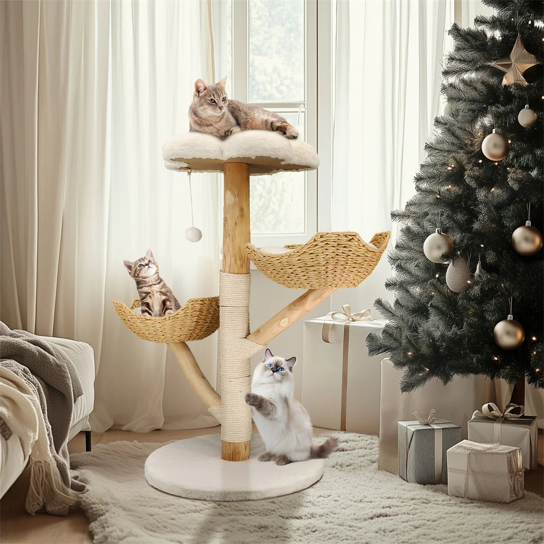 Kattenboom – Krabpaal – Klimboom – Speelcentrum – 111 Cm Hoog – Massief Hout – Afneembaar Kussen - 60 x 111 cm - QUORE