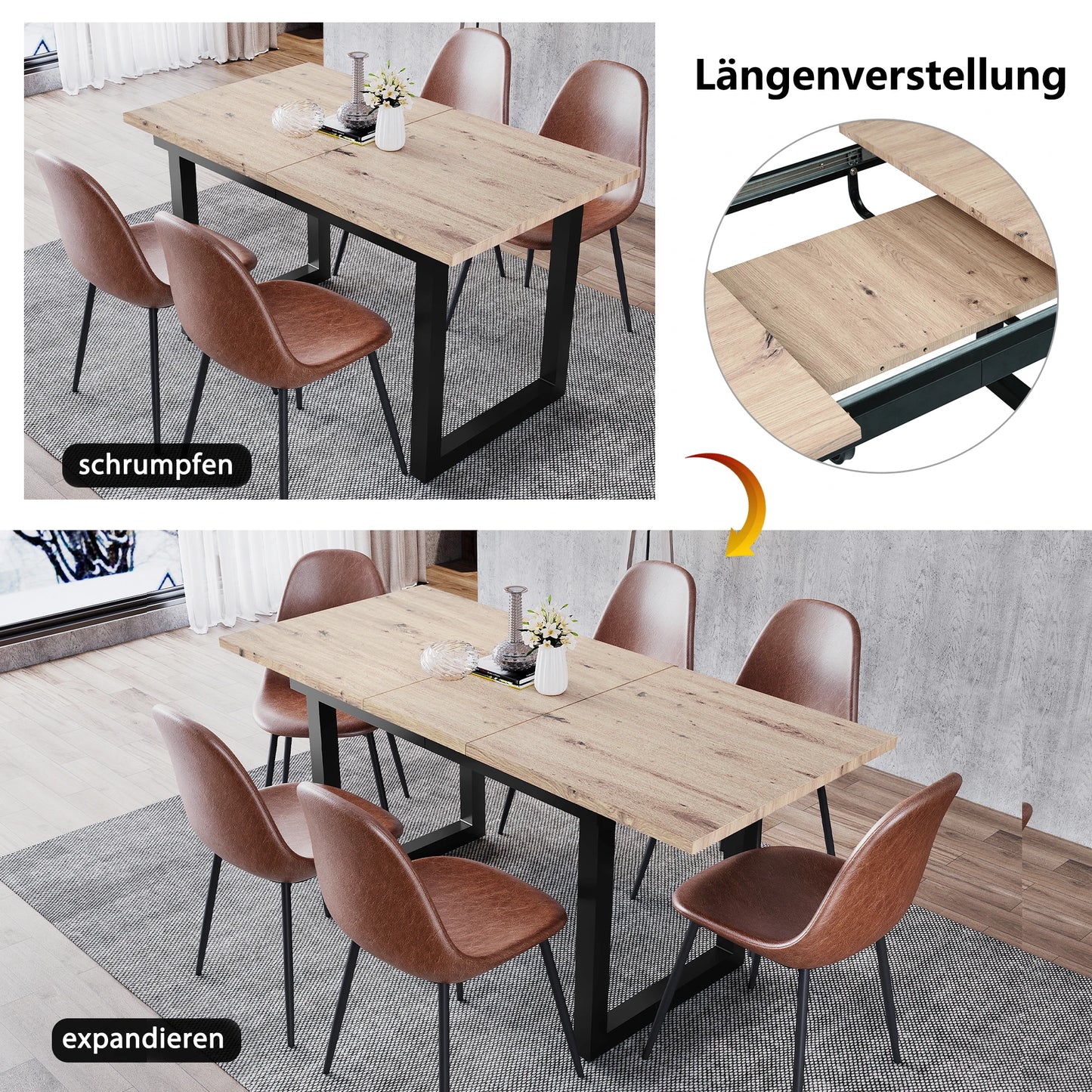 Verlengbare Eettafel – Uitklapbare Tafel – Diner Tafel – Industrieel Meubel – Eetkamertafel – 140-180 cm Verstelbaar – Robuust Houten Blad Met Zwart Metalen Frame