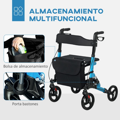 Rollator – Wandelwagen – Looprek – Mobiliteitswagen – Rollator Met Zitje – Lichtgewicht Aluminium – Inklapbaar - 66 x 65 x 80-93 cm - Blauw
