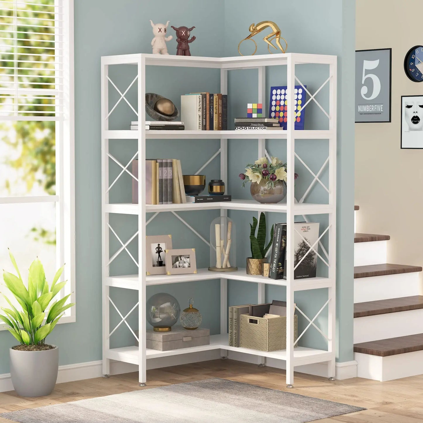 Hoekboekenkast – Hoekkast – Boekenrek – Opbergkast – L-Vormig – MDF Materiaal – 5 Stevige Planken