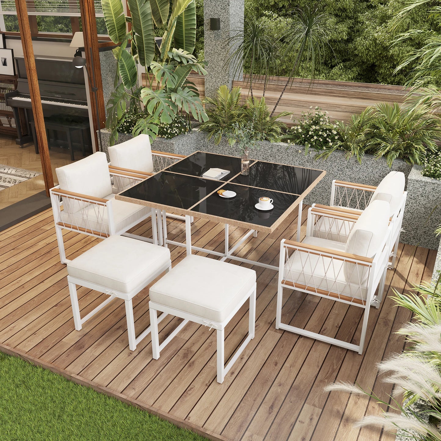 Tuinmeubelset - Tuinset – Tafel Met Stoelen – 7-Delig – Buitenmeubel – Comfortabel – 118x118 Cm – Weerbestendig Stalen Frame - Wit