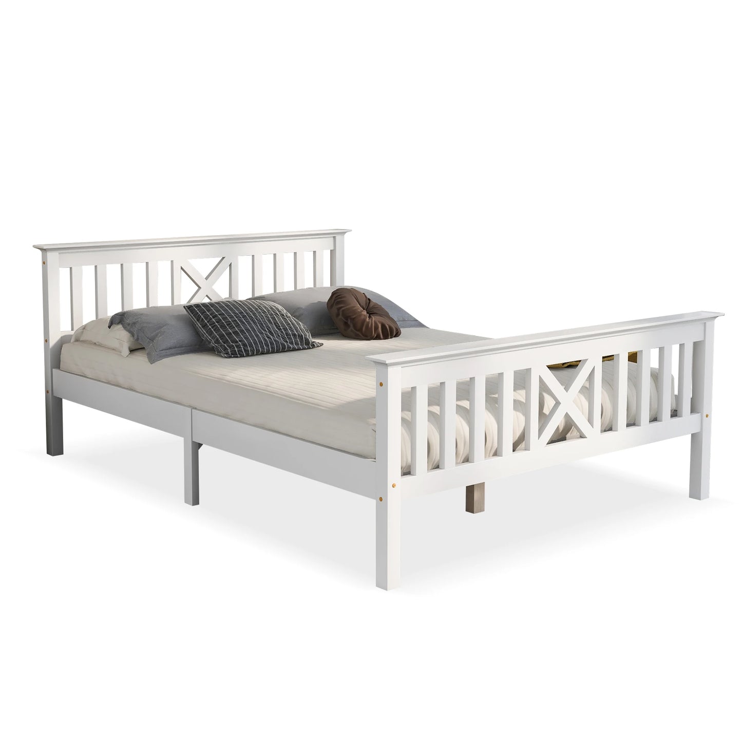 Tweepersoonsbed – Bedframe – Houten Bed – Massief Houten Bed – Slaapbed – 140x200 cm – Massief Dennehout – Lattenbodem Met Hoofdbord
