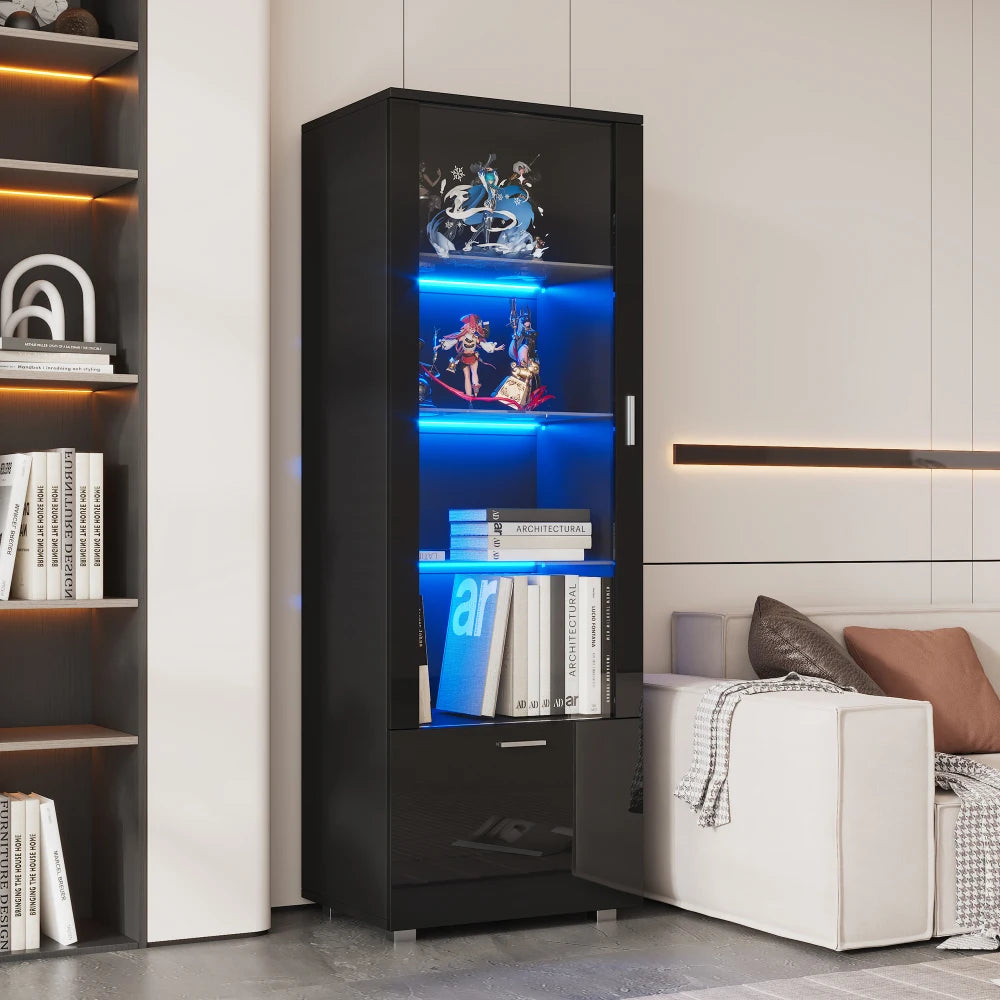 Vitrinekast Zwart – Vitrinekast Hoogglans – Showkast – Glasvitrine – Opbergkast – LED-Verlichting – Gehard Glas Planken