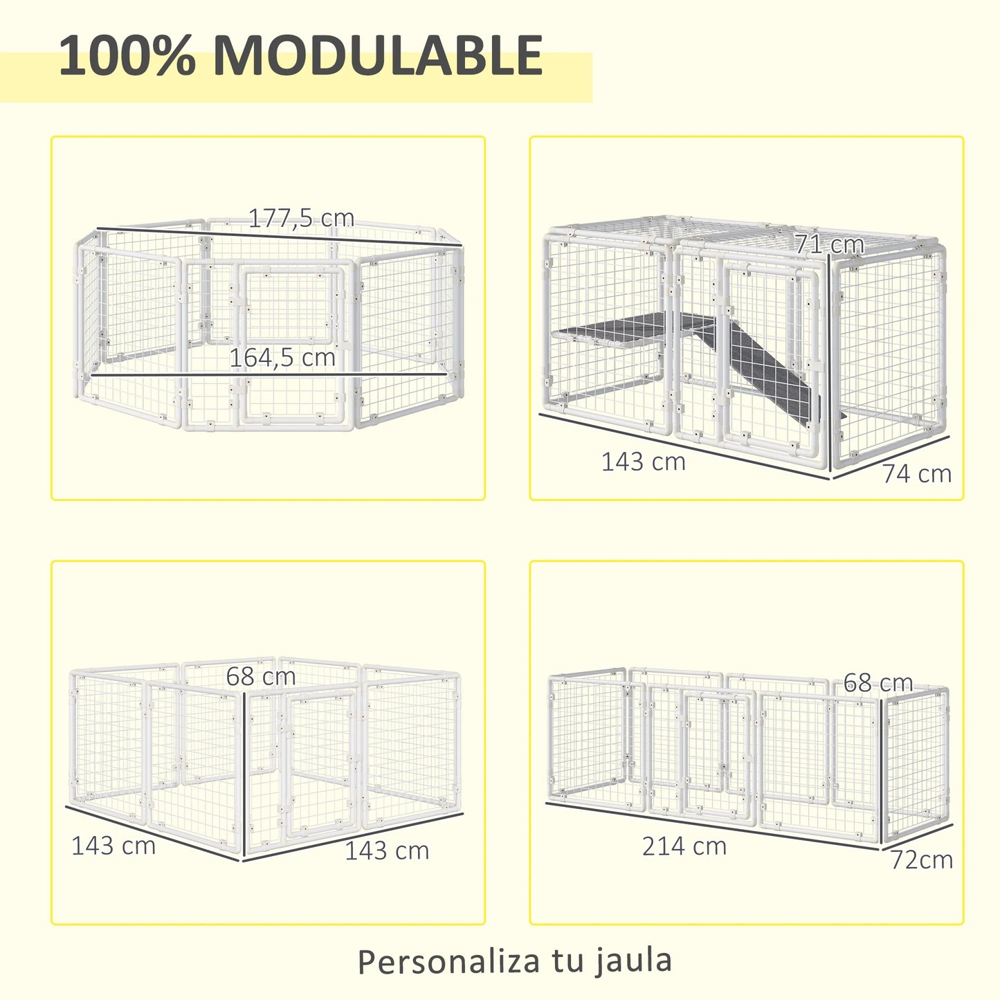 Modulaire Dierenren – Knaagdierren – Huisdierenren – Speelren – Binnenren – Stevig Staal – Vilten Mat - 143 x 74 x 140 cm - QUORE