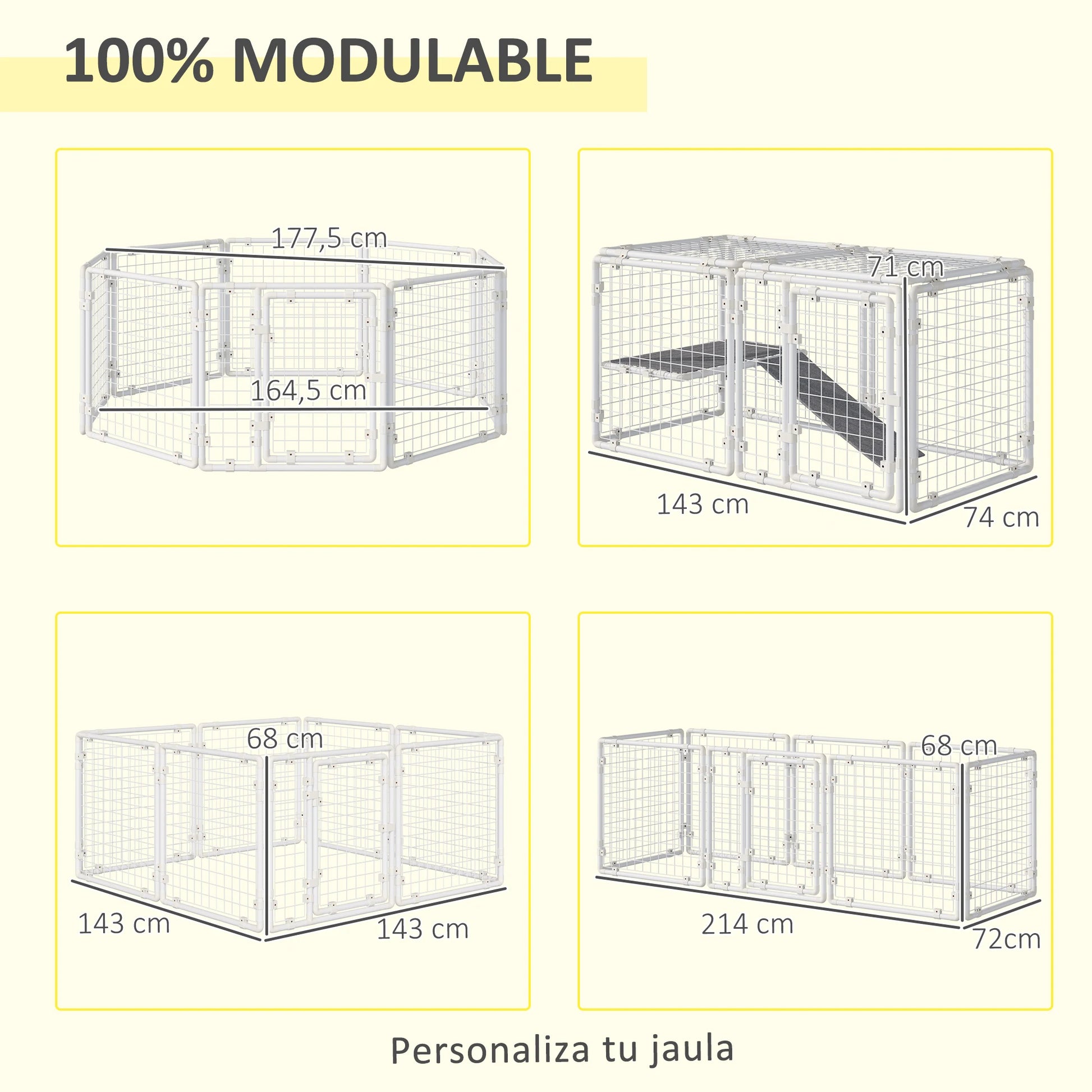 Modulaire Dierenren – Knaagdierren – Huisdierenren – Speelren – Binnenren – Stevig Staal – Vilten Mat - 143 x 74 x 140 cm - QUORE
