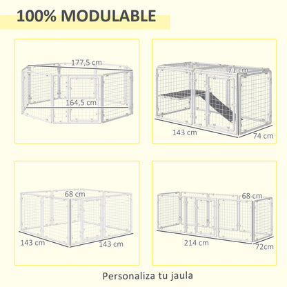 Modulaire Dierenren – Knaagdierren – Huisdierenren – Speelren – Binnenren – Stevig Staal – Vilten Mat - 143 x 74 x 140 cm - QUORE