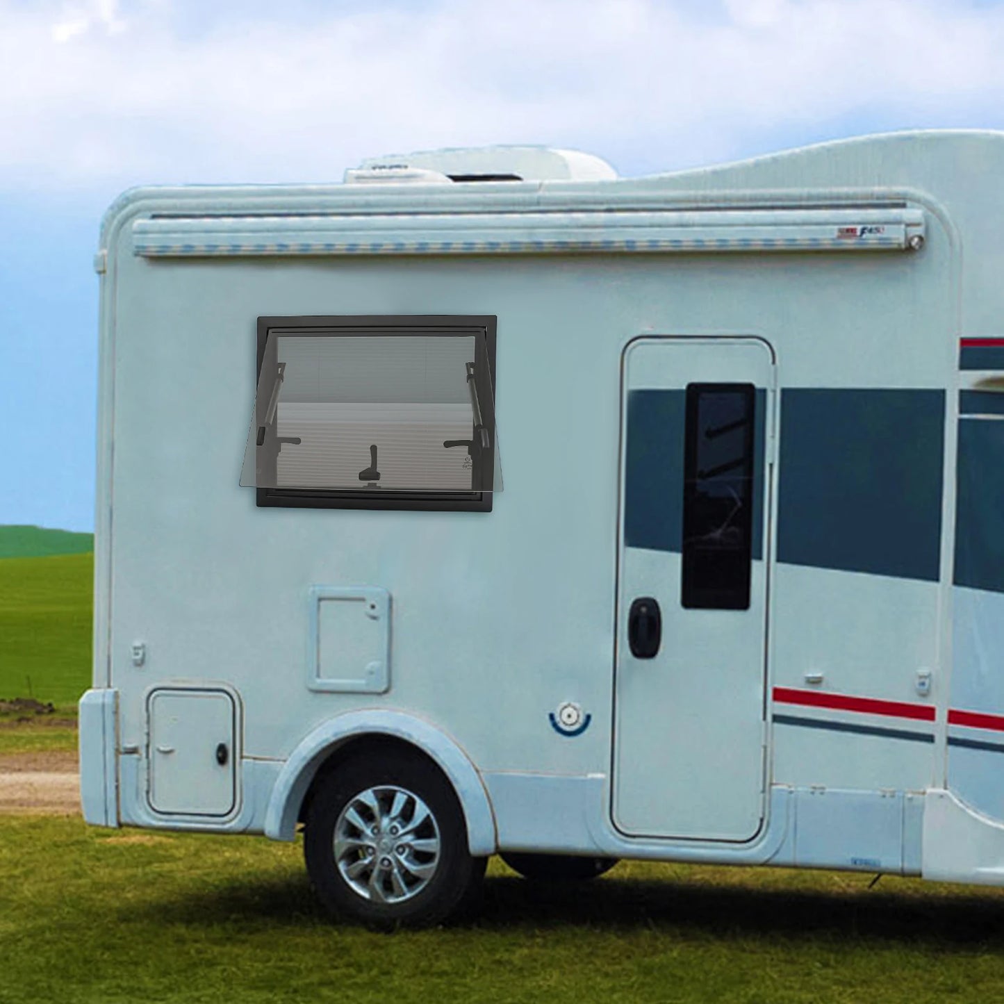 Uitzetraam Camper – Ventilatieraam – Ramen Caravan – Insectenhor – Aluminium Glas – Verstelbare Opening 65° – Vergrendelbare Handgreep - QUORE