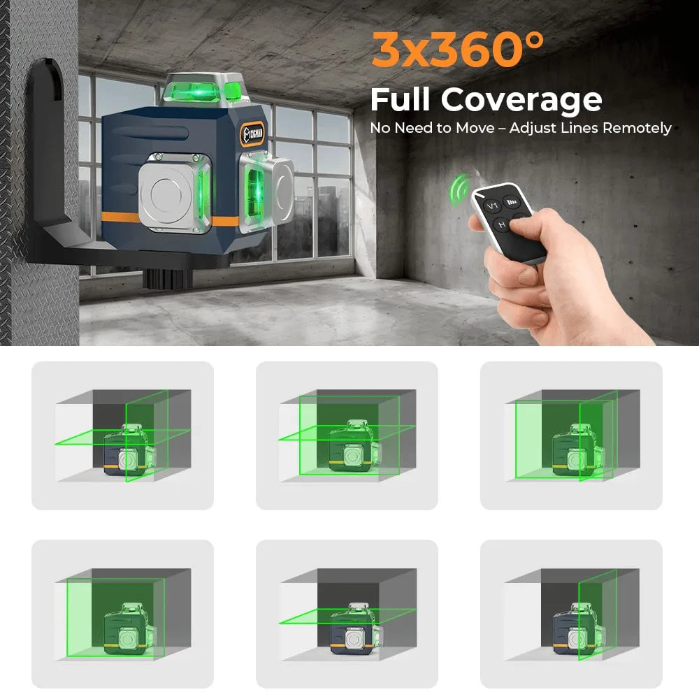 3x360° Laser Waterpas – Laser Niveau – Zelfnivellerend – Meetinstrument – Bouwlaser – Groene Laserstralen – Afstandsbediening – USB-C Opladen