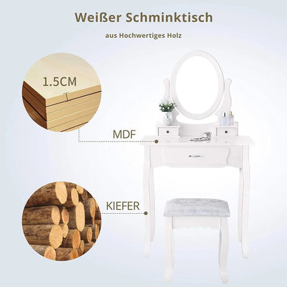 Make-uptafel – Make-up Desk – Kaptafel – Sieradentafel – Witte MDF – Verstelbare Spiegel – 3 Ruime Lades - 75 x 40 x 136 cm - Wit