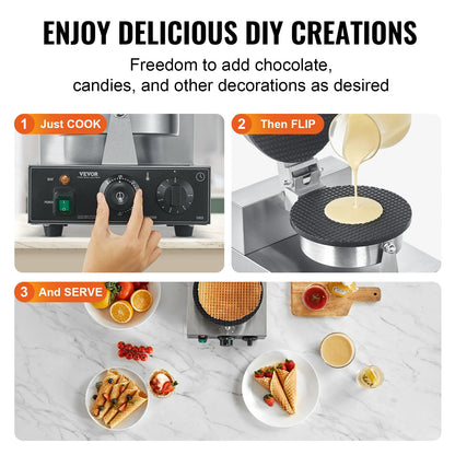 Wafelijzer - Wafelmaker - Ronde Wafelmaker - Wafelmix - Wafel Cone Maker   - Poffertjesmaker - Poffertjespan - Poffertjespan Inductie - 1230W Non-Stick RVS Wafelijzer met Instelbare Temperatuur en Timer - QUORE