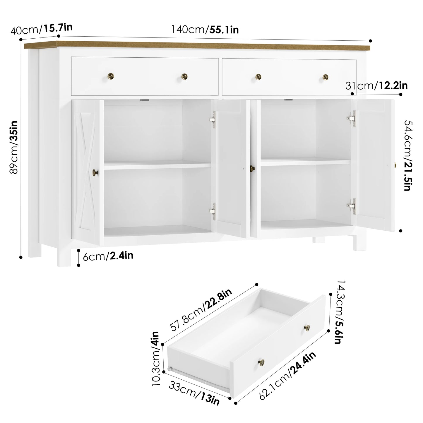 Sideboard – Dressoir – Opbergkast – Buffetkast – Witte Kastenmeubel – 140x40x89 cm – Eikenhouten Blad – Anti-Kantel Systeem