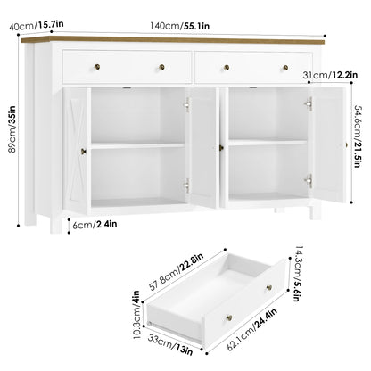 Sideboard – Dressoir – Opbergkast – Buffetkast – Witte Kastenmeubel – 140x40x89 cm – Eikenhouten Blad – Anti-Kantel Systeem