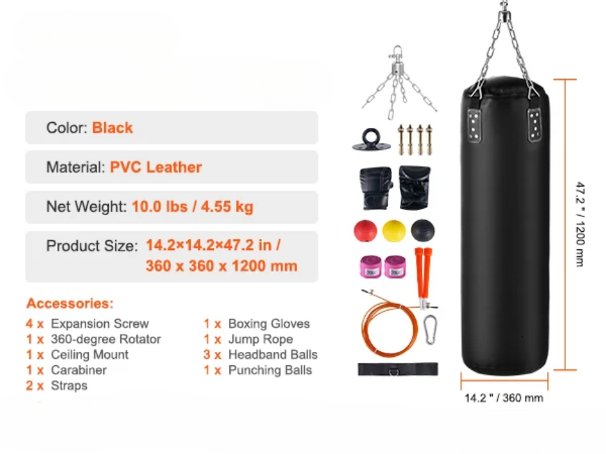 Bokszak - Hangende Bokszak voor Volwassen - Bokspaal - Opknoping - met Boksaccessoires - Duurzaam -  voor Training - MMA - Muay Thai - Fitness Beginners - Niet Ingevuld - 36 x 36 x 12 cm - Zwart