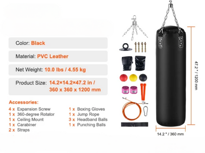 Bokszak - Hangende Bokszak voor Volwassen - Bokspaal - Opknoping - met Boksaccessoires - Duurzaam -  voor Training - MMA - Muay Thai - Fitness Beginners - Niet Ingevuld - 36 x 36 x 12 cm - Zwart