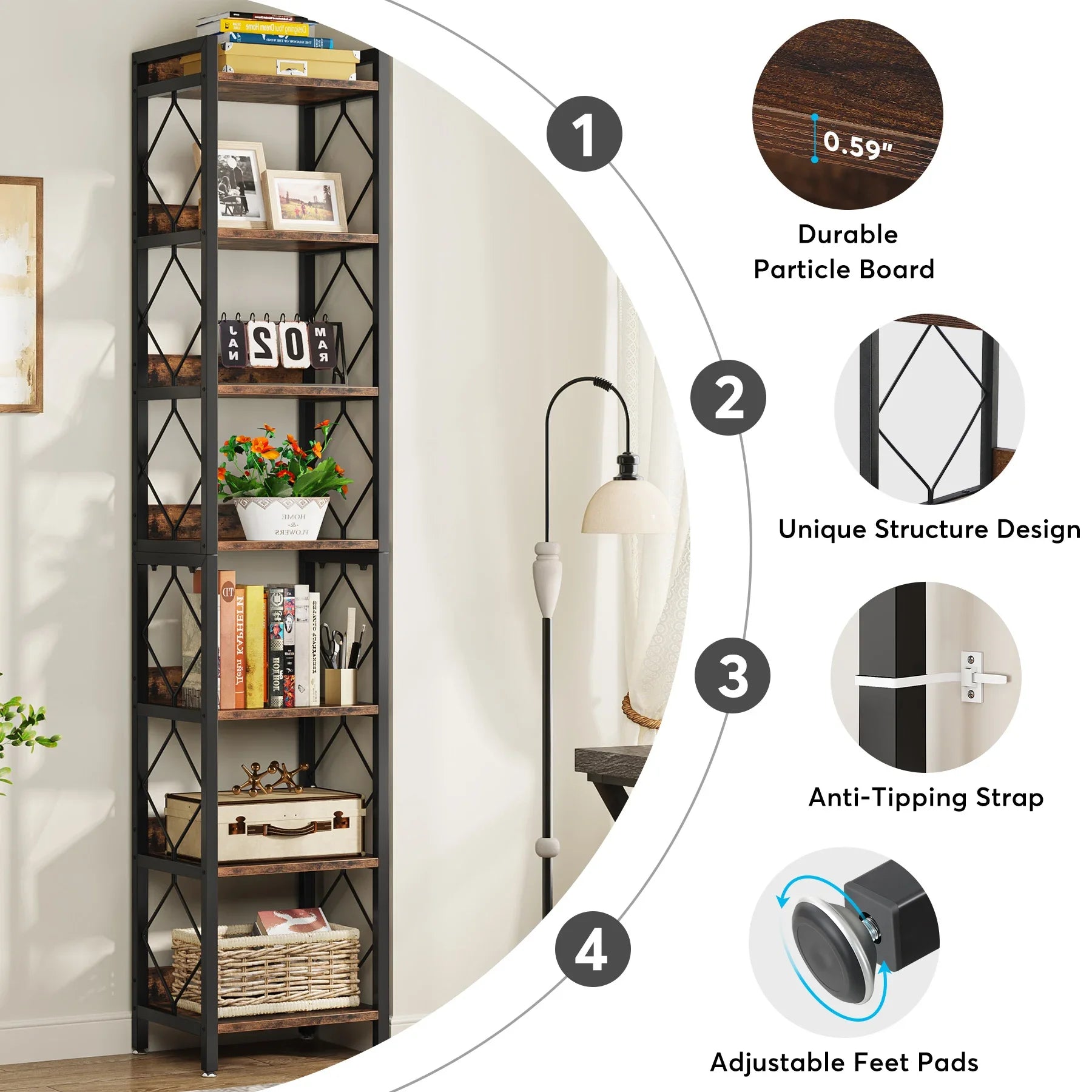 Hoekboekenplank – Smalle Boekenplank – Hoge Kast – Open Planken – 7 Laags – Compact 34 Cm Breed – Stevig Hout Met Metaal - QUORE