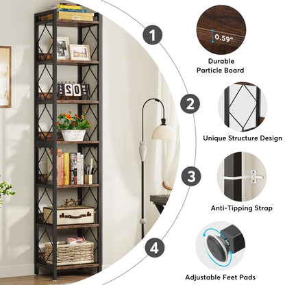 Hoekboekenplank – Smalle Boekenplank – Hoge Kast – Open Planken – 7 Laags – Compact 34 Cm Breed – Stevig Hout Met Metaal - QUORE
