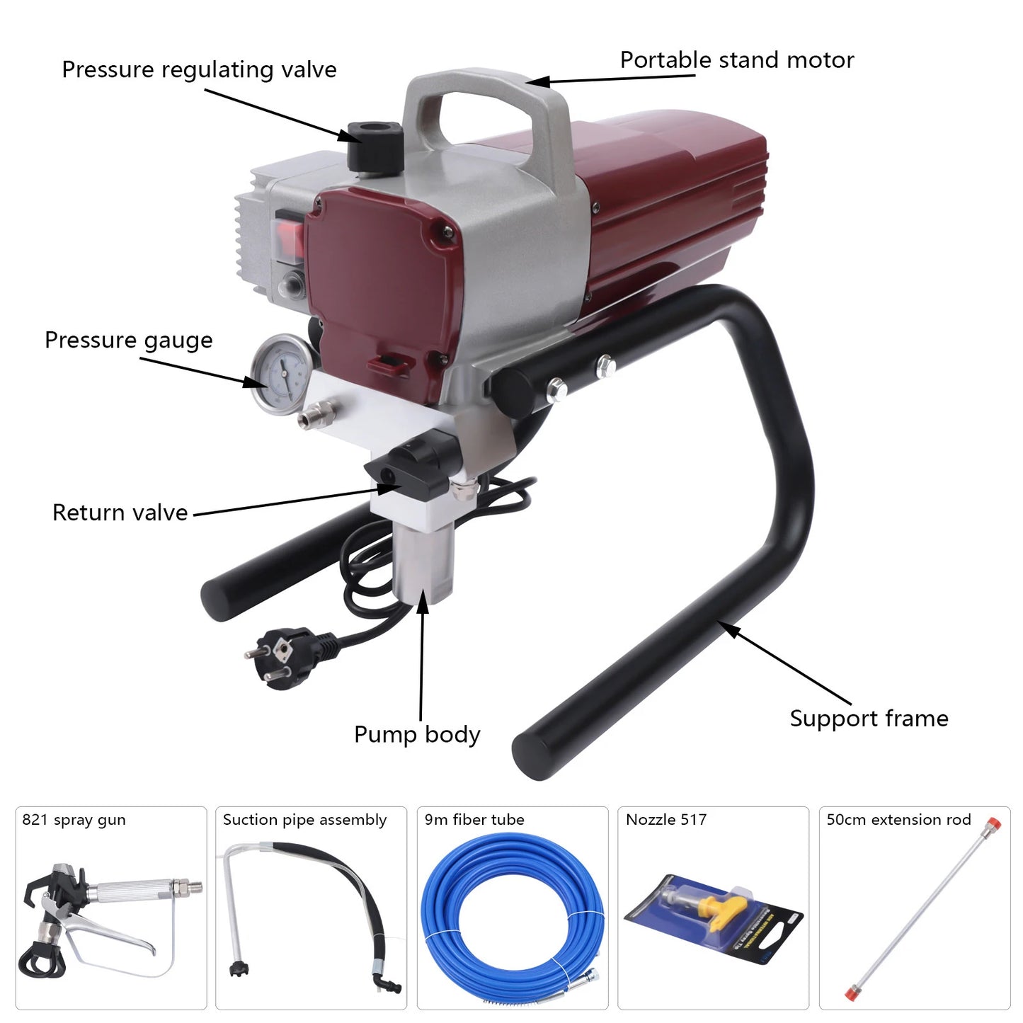 Airless Verfspuit – Verfspuitmachine – Spuitpistool – Elektrische Verfspuit – Muurverfspuit – 1800W Krachtige Motor – 9 Meter Slang