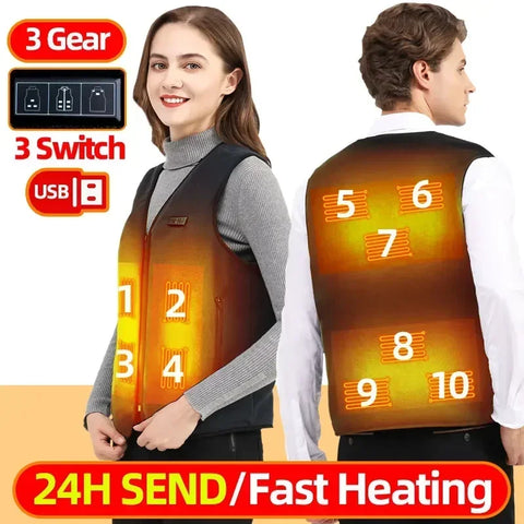 Heating Jacket - Heated Bodywarmer - Heated Clothing - 10 Areas Heated Vest - Heated Vest Unisex - Rechargeable - Self-Heating Vest - Fleece Thermal Vest - Size XXL - Black