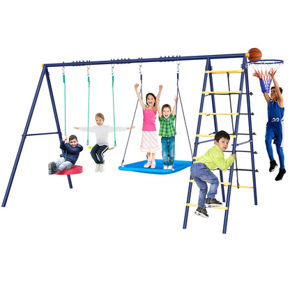 Blue Multi-Activity Swing Set with Climbing Frame, Basketball Hoop & 3-Seat Swings, Heavy-Duty Outdoor Playset for Backyard, Kid