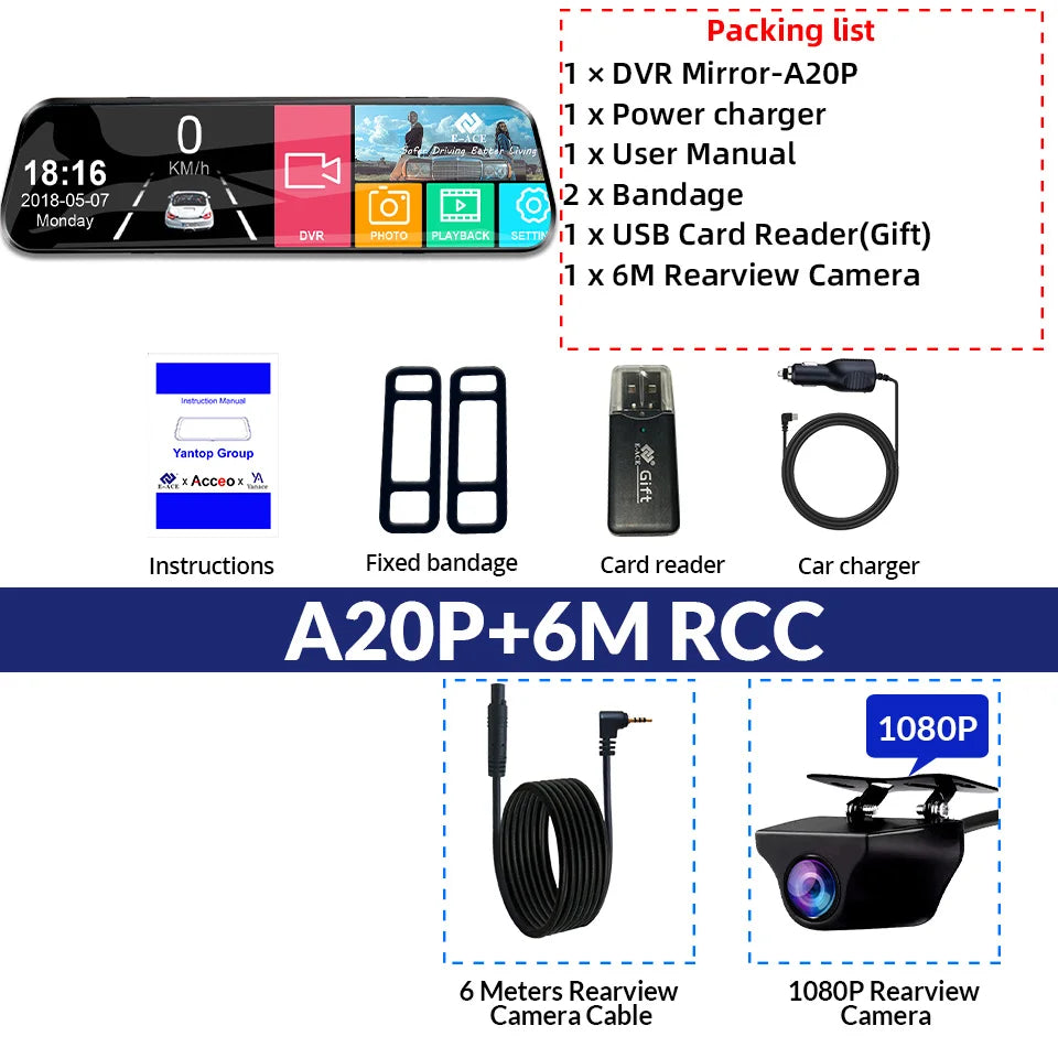 Dashcam voor Auto - 10 Inch Touchscreen Spiegelcamera - 1080P AHD Dashcam met Nachtzicht - G-Sensor - Parkeermodus - Groothoek 170° - Inclusief 6M RCC Achteruitrijcamera - Zwart
