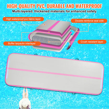 Gymnastiekmat - Opblaasbare - Turnmat - Dikke Tumbling Mat - met Elektrische Pomp - Voor Thuis - Gym & Training - Hoogwaardig PVC-materiaal - Ergonomische Handgreep - en Schouderband - 16ftx3.3ftx4inch - Roze