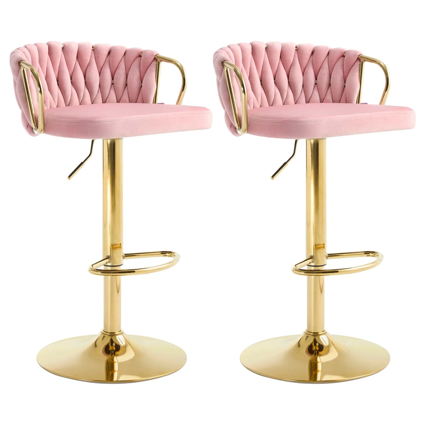WOLTU 2PCS Velvet Bar Stool Height Adjustable Bar Chair with Braided Backrest 360° Rotatable Kitchen Stool with Metal Footrest