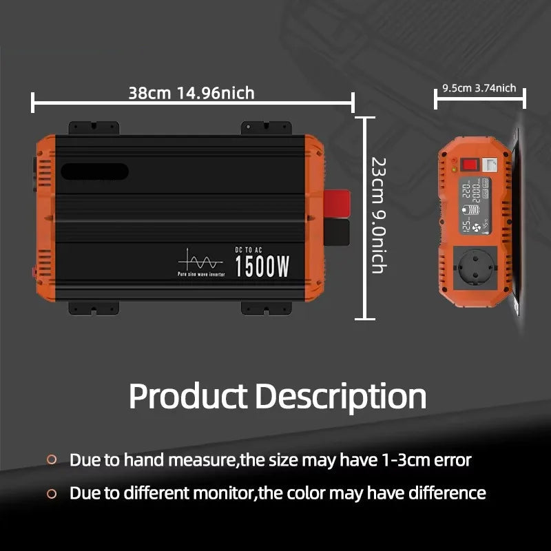 Pure Sine Wave Omvormer – Zuivere Sinusgolf Omvormer – Spanningsomvormer – 12V 24V Converter – 1500W Continu Vermogen – LCD Display - QUORE