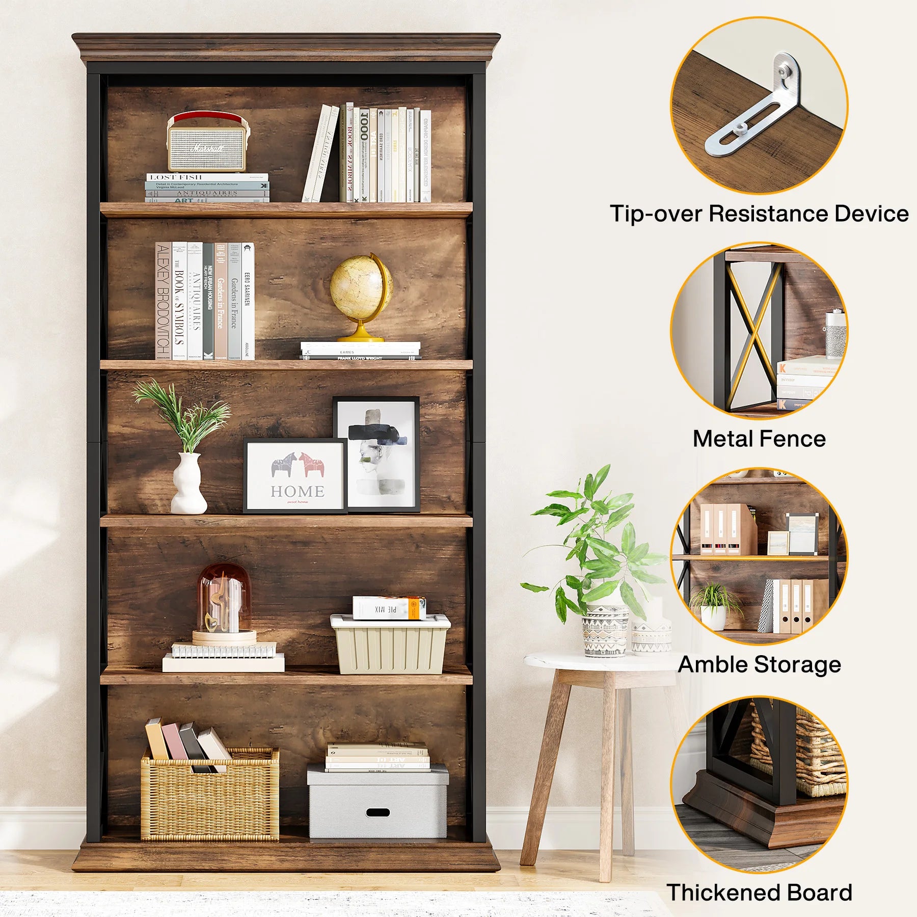 Boekenkast – Boekenplank – Wandrek – Opbergrek – Boekenrek – Industrieel Design – 6 Laags – Hout en Metaal – 190 cm Hoog – Stevig en Duurzaam - QUORE