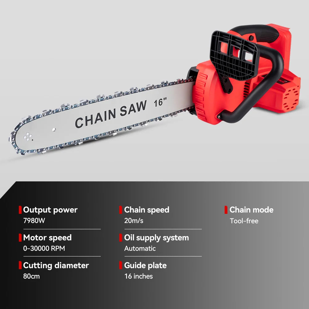 Kettingzaag - Snoeizaag - Takkenzaag - Handzaag - Elektrische/Accu - Draadloze - 16 Inch - 7980W - Brushless Motor Zaag voor Tuinonderhoud & Houtbewerking – 2 Accu's en EU Stekker